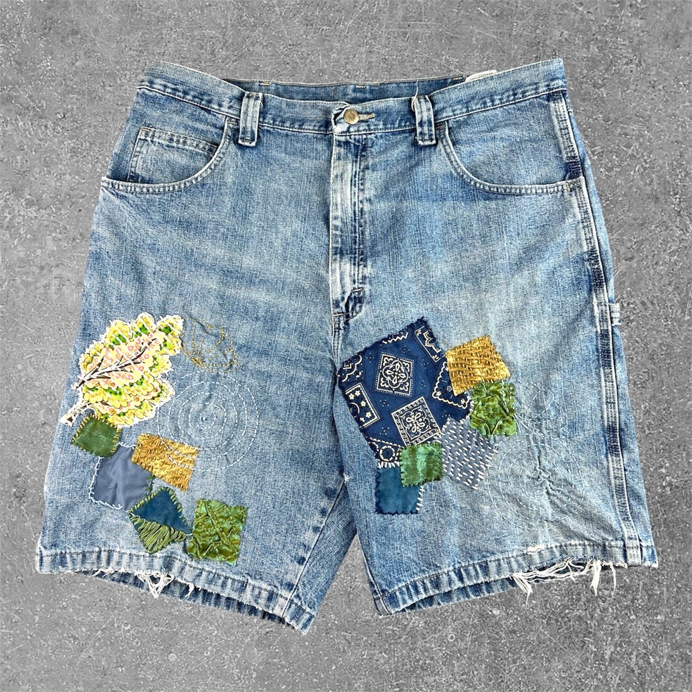 Upcycled Sashiko Patchwork Denim Carpenter Shorts Womens 38 Custom Boro Wrangler